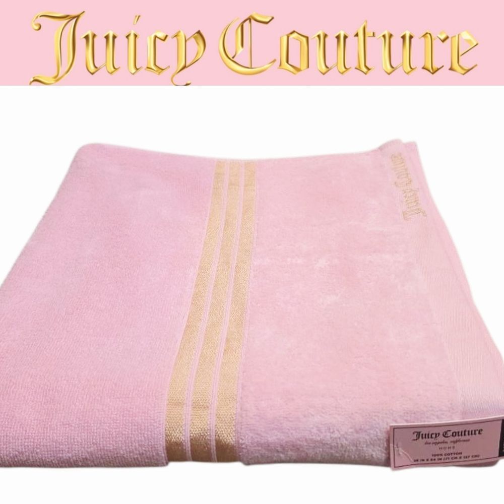 Juicy Couture Home Gold Embrodried Logo Stripe Plush Bath Towel- Pink